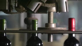 Wine bottles moving along a conveyor belt in a wine bottling factory.