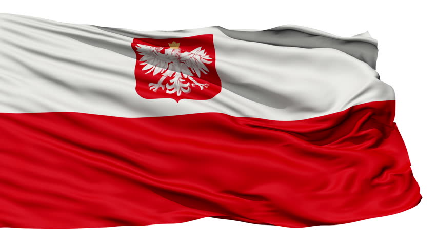 Waving Flag of Poland with and emblem,seamless looping(isolated on white