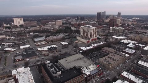 Aerial footage over downtown Raleigh, NC.