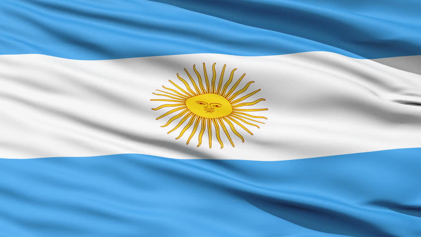 Rippled textile flag of Argentina with blue and white stripes and yellow sun