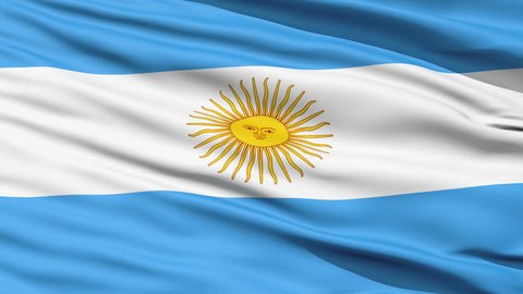 Rippled textile flag of Argentina with blue and white stripes and yellow sun close up background,seamless looping