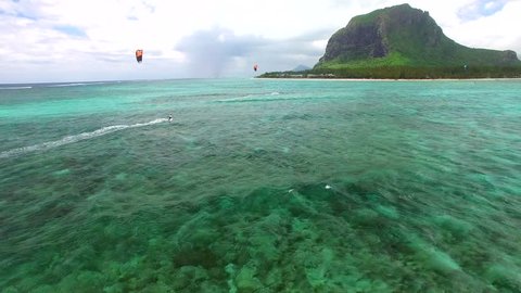 Drone Flight Riders With Kites. Amazing Mauritius