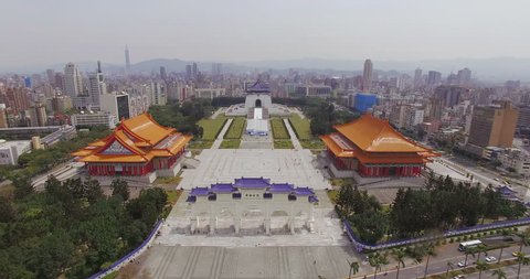 Aerial view of Chiang Kai-Shek Memorial Hall viewable in the middle of the arches. Liberty Square, Taipei, Taiwan.