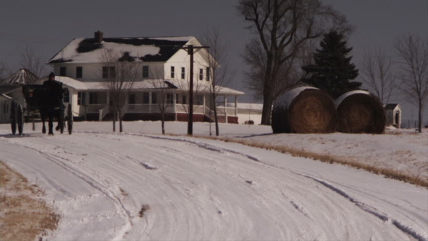 Young Amish man at the reins of a horse drawn buggy on a winter’s day.  In slow motion
