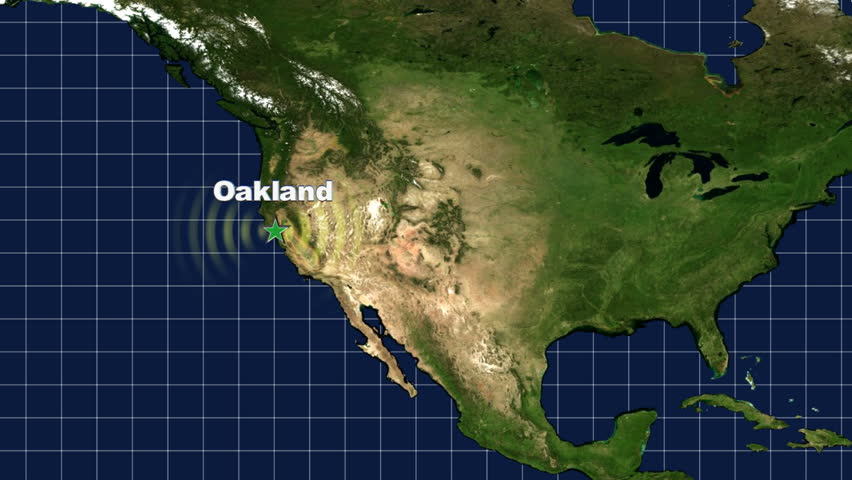 Start at a wide view of North America and fly in towards Oakland. Marked with a text graphic, star, and pulsing light. NASA imagery used for North America.