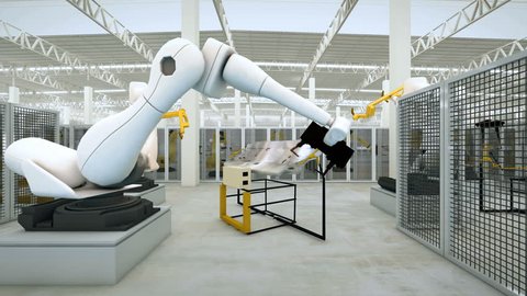 Industrial Robot arm active in factory. Automation welding mechanical procedure. the modern production of cars, car body welding process. production line. 3d rendering
