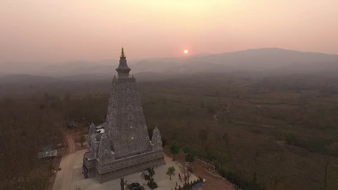 Aerial Shot from Drones, Bodh Gaya, Mahabodhi Temple Imitation from INDIA, Lampang District, THAILAND.