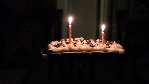 Birthday cake with two candles with flames for crying baby