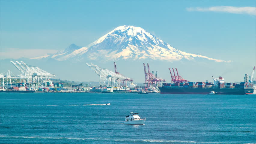 Seattle Washington Cargo Seaport with Dramatic Mount Ranier Tacoma Tahoma Mountain Backdrop