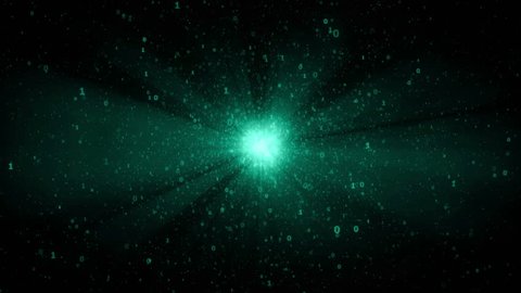 digital binary object star in cyberspace, animated abstract background with numbers and green - blue luminous center - seamless loop