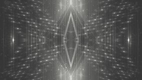 VJ Fractal silver kaleidoscopic background. Background grey motion with fractal design on black background. Disco spectrum lights concert spot bulb. Light Tunnel. Seamless loop.