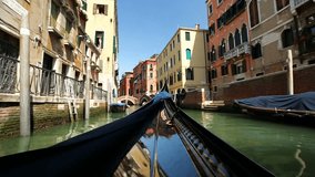 View from gondola during the ride through the canals of Venice, Italy

