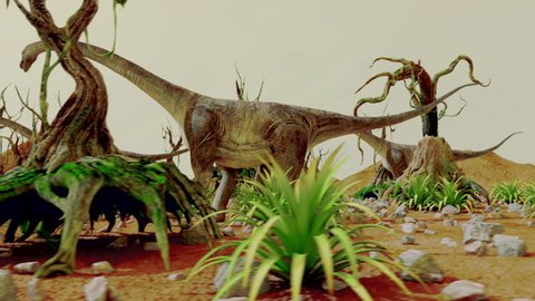 Dinosaur. Prehistoric Jungle, landscape, valley with Dinosaurs. Realistic animation and motion