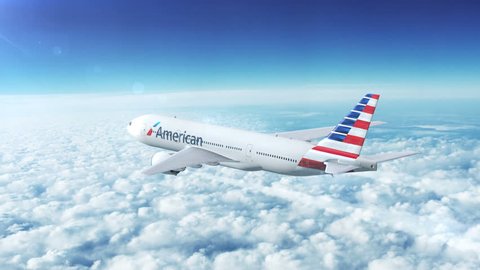 Editorial animation: In-flight view of Boeing 777 Commercial Passenger Aircraft Flying High Up in the Sky Way Above the Clouds. American Airlines, Inc. is a major American airline operator.
