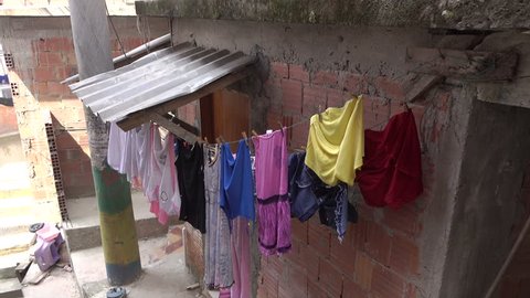 Washing hanging on line in shanty town of Santa Marta favela slum in Rio de Janeiro, Brazil