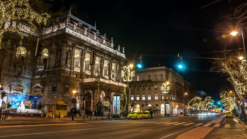 Budapest. Andrassy avenue and National Opera House. Zoom in.