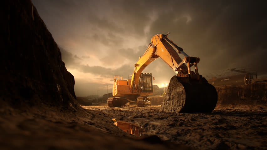 02566 Excavator Machine With Big Shovel On Construction Site Against Dramatic Sky