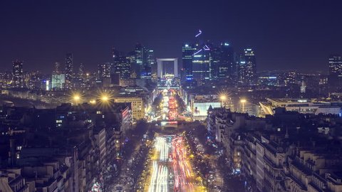 Paris, France | 4K Timelapse Sequence of the Financial district and The Avenue de la Grande Armée at night