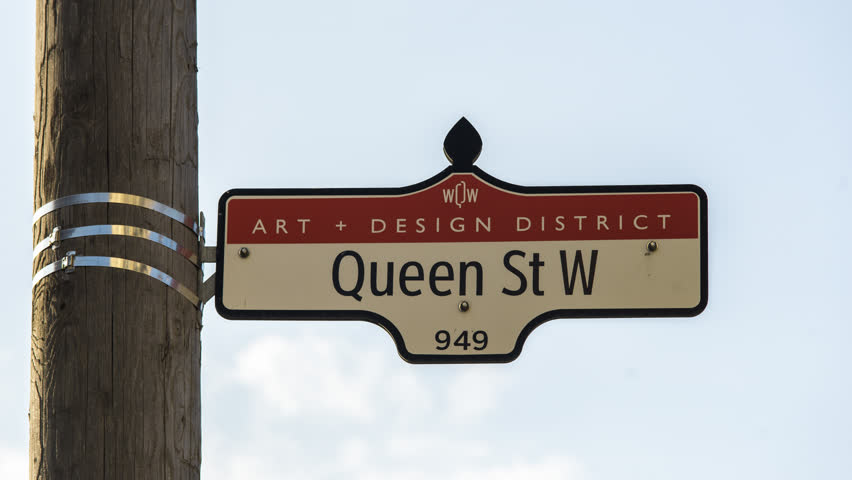 4K Timelapse Sequence of Queen Street Sign, in Toronto, ON, Canada
