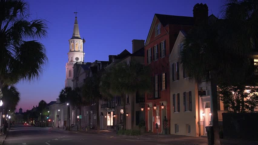Charleston, South Carolina, USA cityscape in the historic French Quarter at twilight.