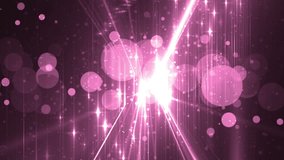 Moving gloss particles on pink background. Flood lights disco background with rays and particles. Beautiful disco background on black background. Seamless loop.