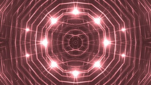 VJ Fractal red kaleidoscopic background. Background motion with fractal design. Disco spectrum lights concert spot bulb. Light Tunnel.