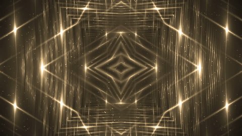 VJ Fractal gold kaleidoscopic background. Background motion with fractal design. Disco spectrum lights concert spot bulb. Light Tunnel.