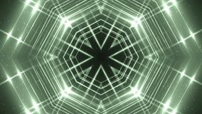 VJ Fractal green kaleidoscopic background. Background motion with fractal design. Disco spectrum lights concert spot bulb. Light Tunnel.