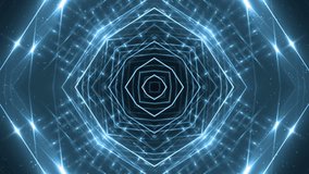 VJ Fractal blue kaleidoscopic background. Background motion with fractal design. Disco spectrum lights concert spot bulb. Light Tunnel.