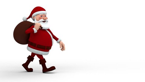 Cartoon Santa Claus with gift bag walking across screen and smiling into camera - high quality 3d animation