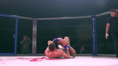 Odessa, Ukraine - 24 November 2015: Athletes in the ring extreme Sport mixed martial arts competition tournament series "World MMA Network MAXMIX". The dramatic moment of battle punches