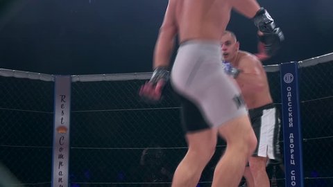 Odessa, Ukraine - 24 November 2015: Athletes in the ring extreme Sport mixed martial arts competition tournament series "World MMA Network MAXMIX". The dramatic moment of battle punches
