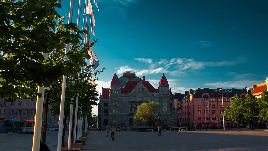 Helsinki.The Finnish national theatre. Time lapse. Camera Dolly.