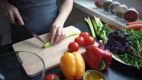 Young woman cutting vegetables in the kitchen for fresh salad