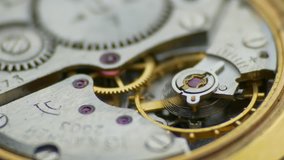Ungraded: Watch Mechanism / Clockwork / Time Keeping. Oscillating movement of an old mechanical wind up wristwatches. Macro close-up shot. Source: Lumix DMC, ungraded H.264 from camera. (av26693u)