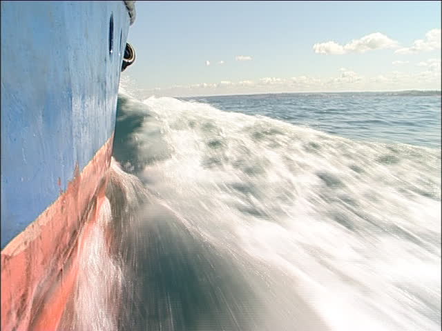 	 Ship goes through the waves.