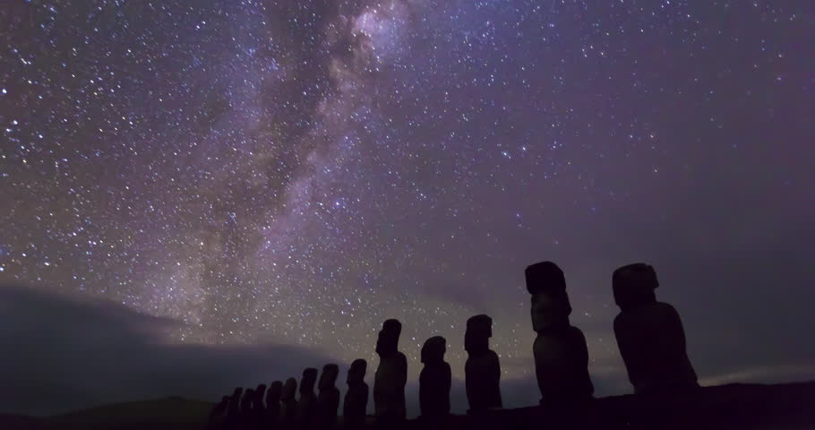 Incredible night time lapse of the Moai of Rapa Nui statues and the millions of stars visible in the Milky Way Galaxy moving on the background. Isla de Pascua, Easter Island, Chile, Pacific ocean, 4K
