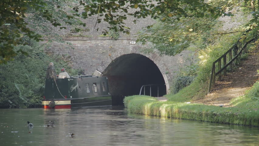 Barge Going Through A Canal Tunnel Along The World Famous Llangollen Canal In The UK