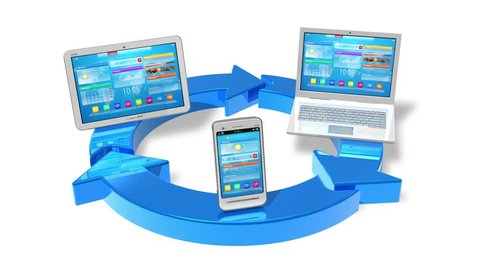 Cloud computing and wireless networking concept: white tablet PC, smartphone and laptop connected with blue round arrows isolated on white background with alpha matte