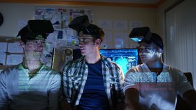 4K Group of young male computer gamers immersed in a virtual reality game