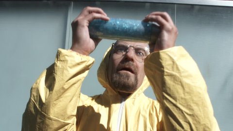 LAS VEGAS, NEVADA - CIRCA 2016: TV show character Walter White aka Heisenberg from Breaking Bad shows his famous blue meth on the streets of Las Vegas, editorial use.