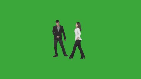 Office workers in business clothes: young man & girl are strolling, chatting & laughing. Isolated on transparent background File format - .mov, codec PNG+Alpha. Shutter angle -180 (native motion blur)