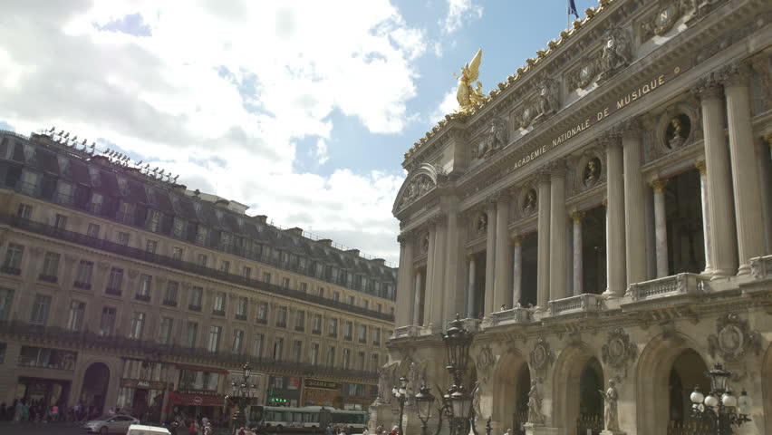 Facade of National Musical Academy in Paris, Opera Garnier with Golden Statues 