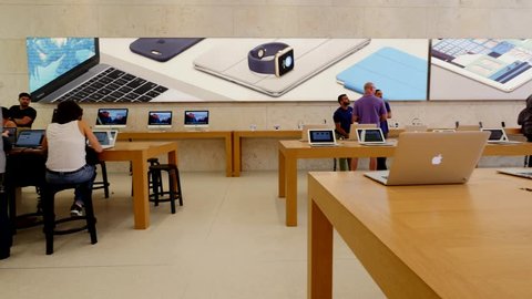 MIAMI, USA - MARCH 14, 2016: Apple Store panoramic inside view. Apple Inc. is an American multinational technology company headquartered in Cupertino, California. 