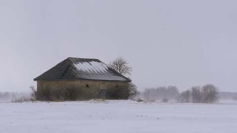 An old barn in the field, in snowfall