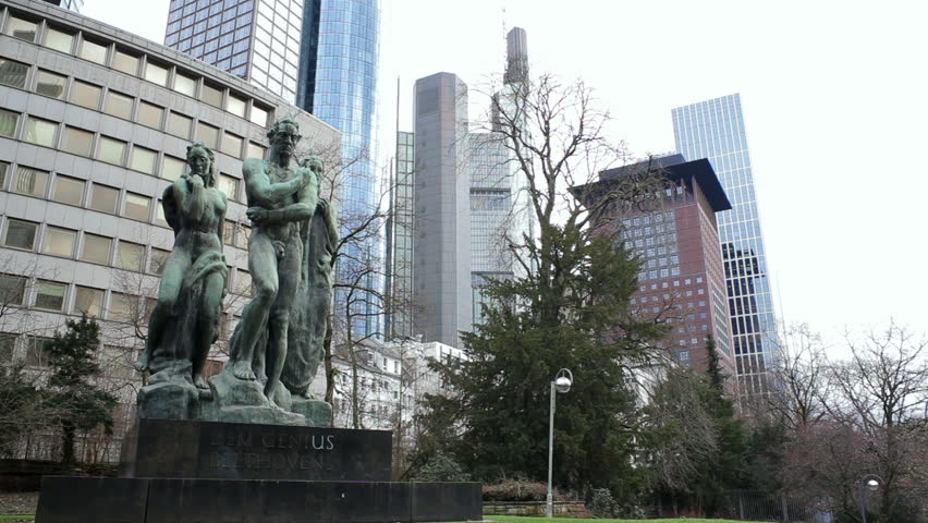 Beethovens the genius monument statue, Frankfurt skyscraper skyline