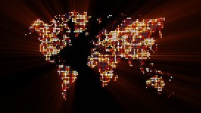 Loopable: Digital World Map / Technology Abstract. Futuristic color world map made of shiny dots with orange light rays. (av23573c)