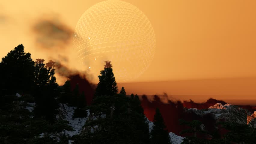 Fantastic object over the mountains and the trees. Ball with a parametric surface in the sky. Sunset.