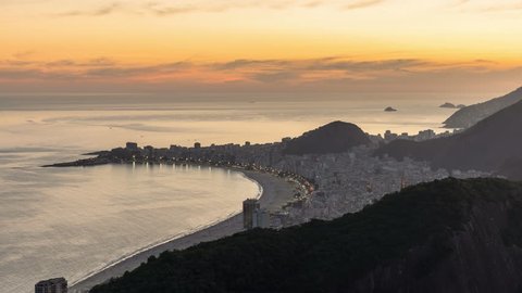 Time Lapse of sunset over Copacabana Beach in Rio de Janeiro, Brazil.