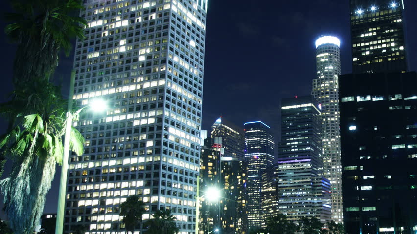 Night Cityscape Time Lapse 58 Traffic in LA Downtown Pan R